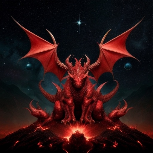 Prompt: A enormus 7 headed red dragon with 10 horns and 7 crowns on its heads. Falling stars in background decimating the earth behind it. 