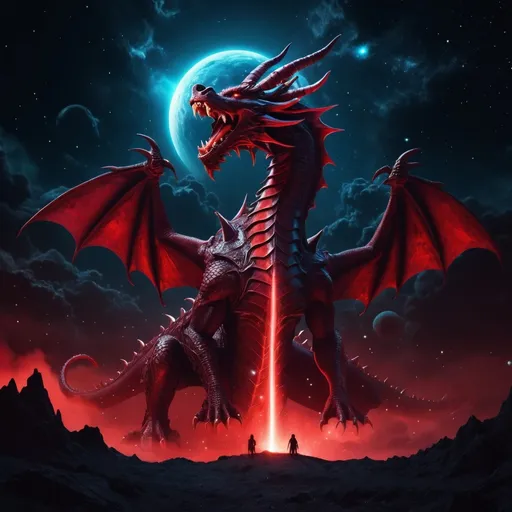 Prompt: (futuristic-retro futurism style, dark color scheme) enormous red dragon with seven heads and ten horns, seven crowns on its heads, tail sweeping stars out of the sky, stars falling to earth, dark dramatic lighting, high contrast shadows, glowing elements, sinister and intense atmosphere, cosmic background with a starry sky, ultradetailed, cinematic quality, 4K resolution, vibrant deep reds and mystical blues, sci-fi fantasy elements, fine art masterpiece