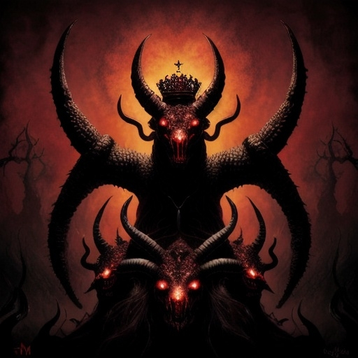 Prompt: A (powerful 7-headed red hydra with 10 horns with a crown on each of its heads), surrealism style, dark color scheme, deep shadows, rich and intense dark reds and blacks, (haunting and mysterious) atmosphere, detailed and intricate scales, glowing red eyes, ultra-detailed, high quality, 4K, (masterpiece) texture, eerie lighting, otherworldly landscape, ethereal gleam on the crowns