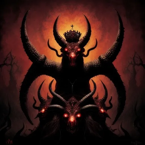 Prompt: A (powerful 7-headed red hydra with 10 horns with a crown on each of its heads), surrealism style, dark color scheme, deep shadows, rich and intense dark reds and blacks, (haunting and mysterious) atmosphere, detailed and intricate scales, glowing red eyes, ultra-detailed, high quality, 4K, (masterpiece) texture, eerie lighting, otherworldly landscape, ethereal gleam on the crowns