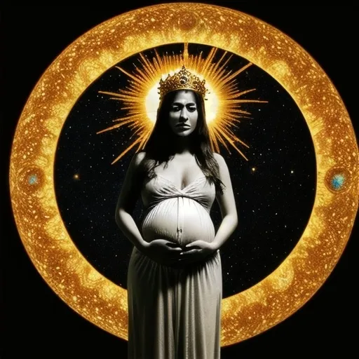 Prompt: (woman clothed with the sun), moon under her feet, crown of twelve stars on her head, pregnant, in pain celestial and ethereal atmosphere, glowing radiant light, dramatic high-contrast lighting, deep golden and silver tones, mythical and sacred mood, background filled with twinkling stars and galaxies, ultra-detailed, 4K, mystical and serene elements, high depth cinematic masterpiece.