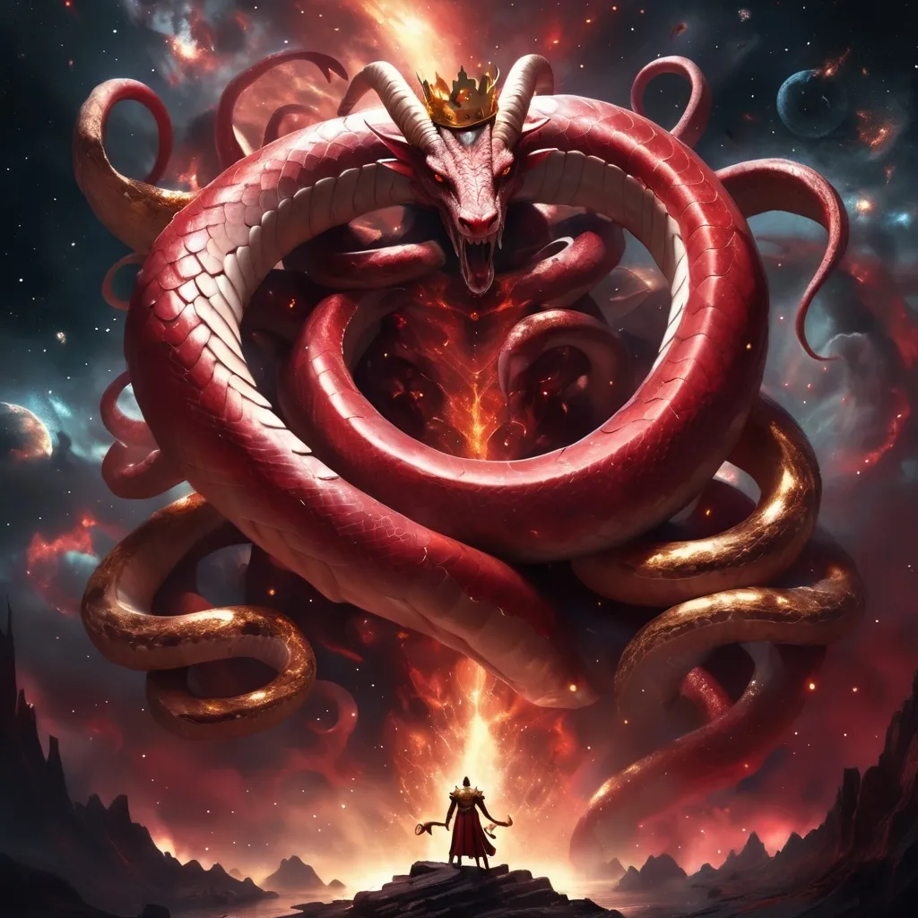 Prompt: (enormous red hydra snake with one body and seven heads and 7 horns, golden crowns on all of its horns and 3 horns coming from chest), surrealism style, dark color scheme,stars falling to earth, dark and sinister atmosphere, deep shadows, muted reds and blacks, cosmic background with swirling galaxies, shimmering fallen stars, highly detailed, ultra-detailed, 4K, intricate textures, dramatic lighting and highlights