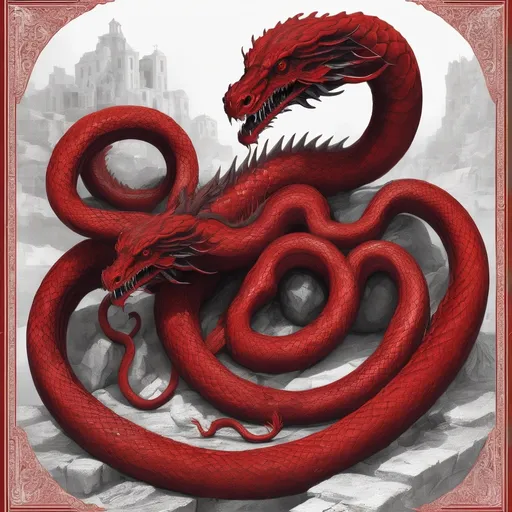 Prompt: red biblical hydra snake dragon with 7 heads