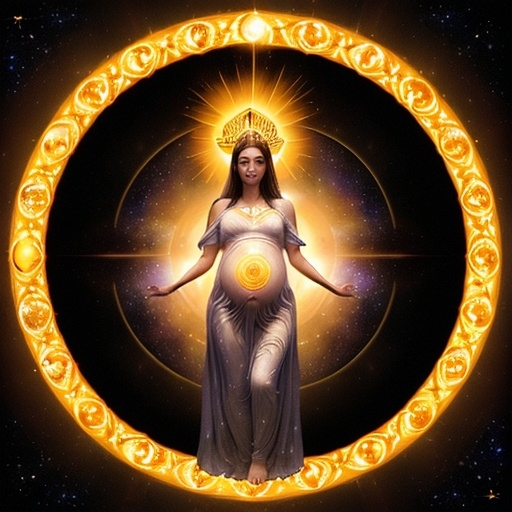 Prompt: (woman clothed with the sun), moon under her feet, crown of twelve stars on her head, pregnant, glowing golden aura, celestial background with deep blues and purples, divine and ethereal, high contrast lighting, mystical and serene atmosphere, sparkling galaxies and nebulae, flowing celestial robes, illuminating presence, ultra-detailed, 4K