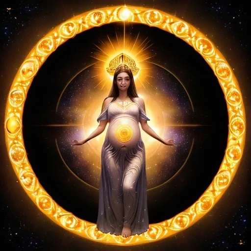 Prompt: (woman clothed with the sun), moon under her feet, crown of twelve stars on her head, pregnant, glowing golden aura, celestial background with deep blues and purples, divine and ethereal, high contrast lighting, mystical and serene atmosphere, sparkling galaxies and nebulae, flowing celestial robes, illuminating presence, ultra-detailed, 4K