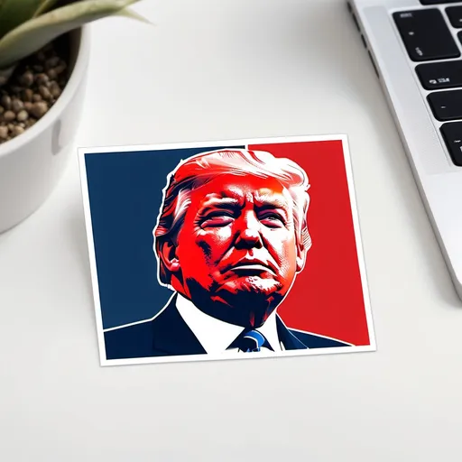 Prompt: donald trump solid color red white and blue shilloutte simple bumper sticker