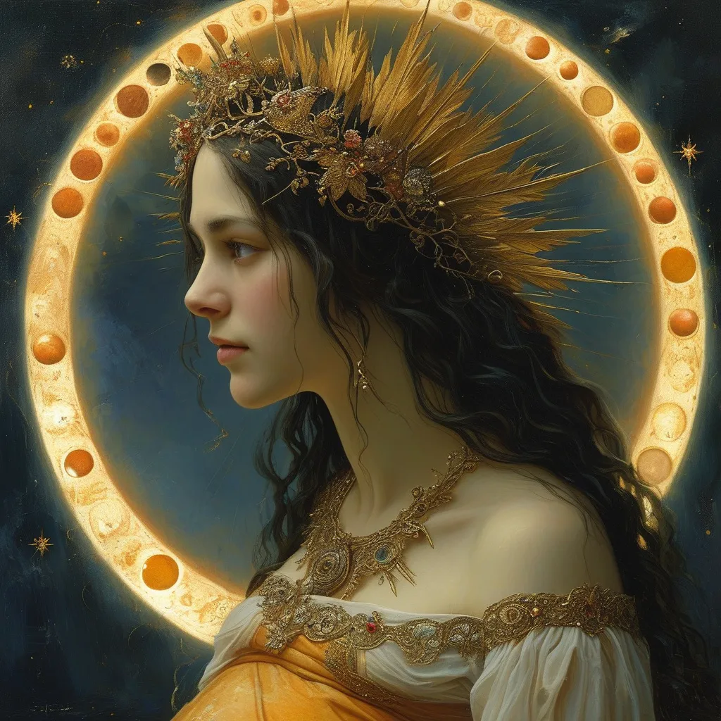 Prompt: (woman clothed with the sun), moon under her feet, crown of twelve stars on her head, pregnant,