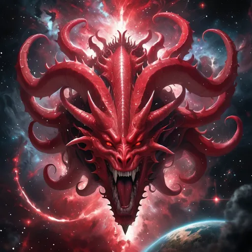 Prompt: (enormous red hydra with seven heads and ten horns,crowns on its horns), surrealism style, dark color scheme,stars falling to earth, dark and sinister atmosphere, deep shadows, muted reds and blacks, cosmic background with swirling galaxies, shimmering fallen stars, highly detailed, ultra-detailed, 4K, intricate textures, dramatic lighting and highlights