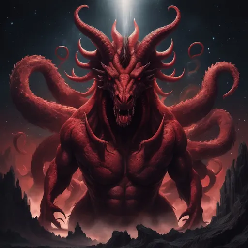 Prompt: (enormous red hydra with seven heads and 7 horns on its heads and 7 crowns on its horns and 3 horns coming out of chest ), surrealism style, dark color scheme,stars falling to earth, dark and sinister atmosphere, deep shadows, muted reds and blacks, cosmic background with swirling galaxies, shimmering fallen stars, highly detailed, ultra-detailed, 4K, intricate textures, dramatic lighting and highlights