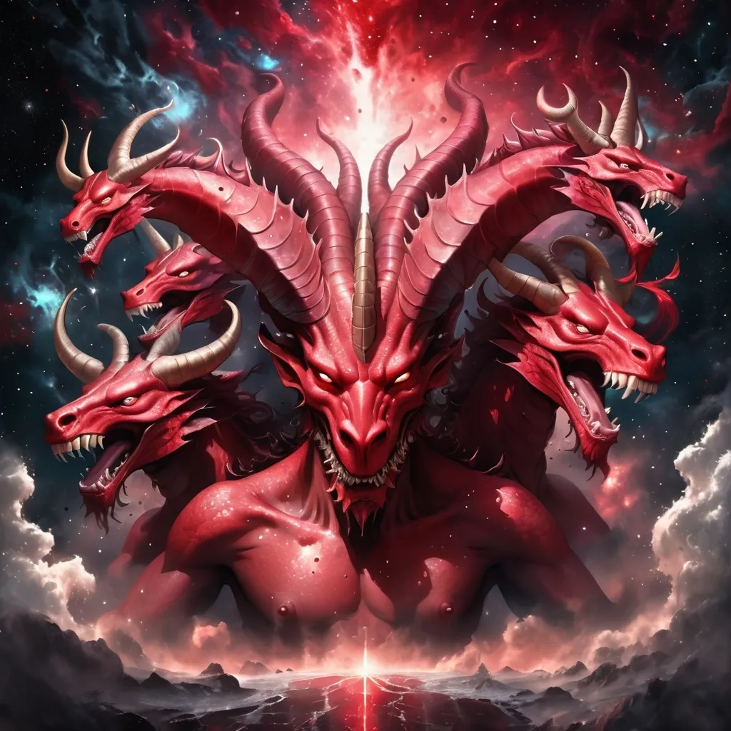 Prompt: (enormous red hydra with seven heads and ten horns,crowns on its horns), surrealism style, dark color scheme,stars falling to earth, dark and sinister atmosphere, deep shadows, muted reds and blacks, cosmic background with swirling galaxies, shimmering fallen stars, highly detailed, ultra-detailed, 4K, intricate textures, dramatic lighting and highlights