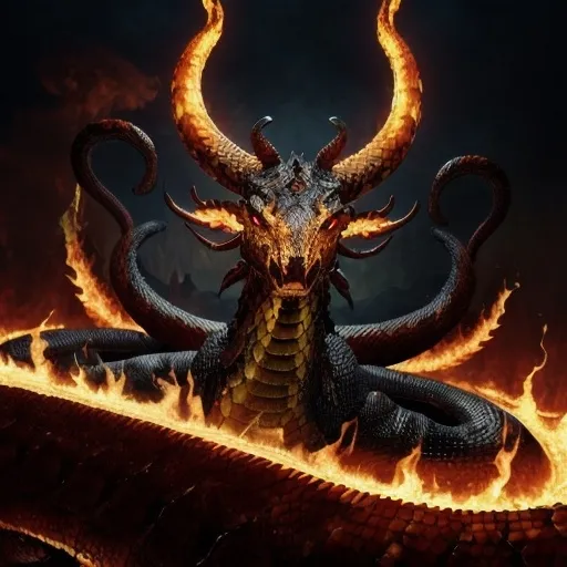 Prompt: (enormous fiery serpent with one body and seven heads), seven horns, golden crowns on all its horns, three additional horns coming from the chest, dark color scheme, photorealistic, realism style, high contrast, ultra-detailed, dramatic lighting, fiery atmosphere, deep shadows, glowing embers surrounding the hydra, towering flames in the background, chaotic scene, high quality, 4K resolution, cinematic masterpiece, intense and fearsome mood.