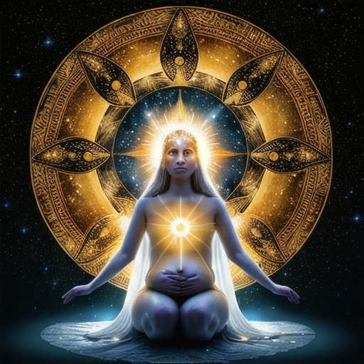 Prompt: (woman clothed with the sun), moon under her feet, crown of twelve stars on her head, pregnant, in pain celestial and ethereal atmosphere, glowing radiant light, dramatic high-contrast lighting, deep golden and silver tones, mythical and sacred mood, background filled with twinkling stars and galaxies, ultra-detailed, 4K, mystical and serene elements, high depth cinematic masterpiece.