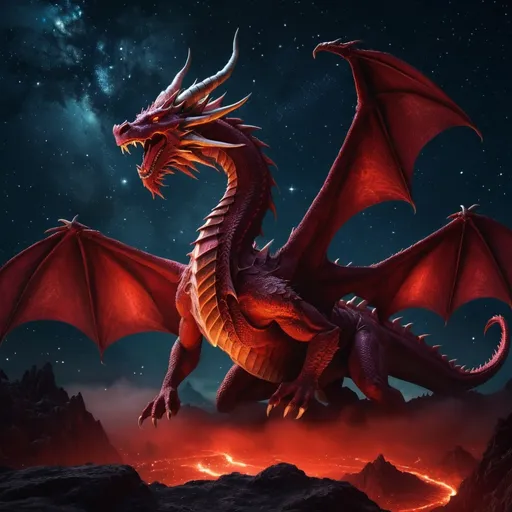 Prompt:  an enormous red dragon with seven heads and ten horns and seven crowns on its heads. Its tail sweeping stars out of the sky. stars falling to earth.