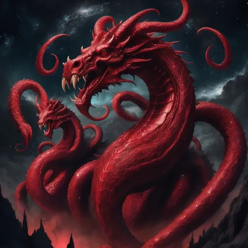 Prompt: (enormous red hydra with seven heads and ten horns,crowns on its horns), surrealism style, dark color scheme,stars falling to earth, dark and sinister atmosphere, deep shadows, muted reds and blacks, cosmic background with swirling galaxies, shimmering fallen stars, highly detailed, ultra-detailed, 4K, intricate textures, dramatic lighting and highlights