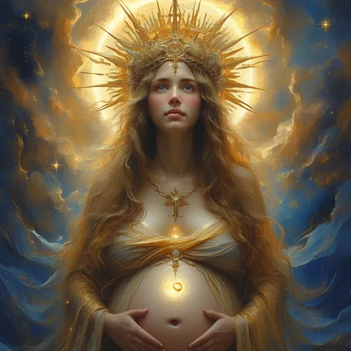 Prompt: (woman clothed with the sun), moon under her feet, crown of twelve stars on her head, pregnant, glowing golden aura, celestial background with deep blues and purples, divine and ethereal, high contrast lighting, mystical and serene atmosphere, sparkling galaxies and nebulae, flowing celestial robes, illuminating presence, ultra-detailed, 4K