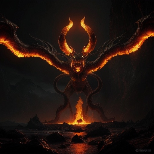 Prompt: (enormous fiery hydra with one body and seven heads with 7 horns, golden crowns on all of its horns, and 3 horns emerging from its chest), photorealistic, dark color scheme, glowing fiery accents, menacing and ominous atmosphere, detailed scales and muscles, dark rocky cave background, high depth dramatic lighting, ultra-detailed, 4K, high quality, cinematic masterpiece, intense shadows and highlights, realistic fire effects, eerie and foreboding mood.