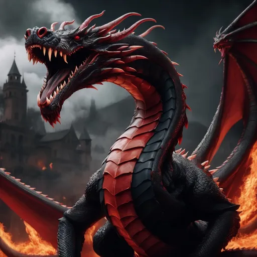 Prompt: (red hydra snake dragon with 7 heads, 10 horns each, and a crown on each head), mythical beast, fiery and intense atmosphere, deep red and black color tones, dramatic lighting, dark and ominous mood, medieval fantasy setting, impressive and formidable, epic scene, intricate scale details, high-quality 4K, ultra-detailed, full-body view, dynamic composition, smoke and embers in the background, highly realistic rendering.