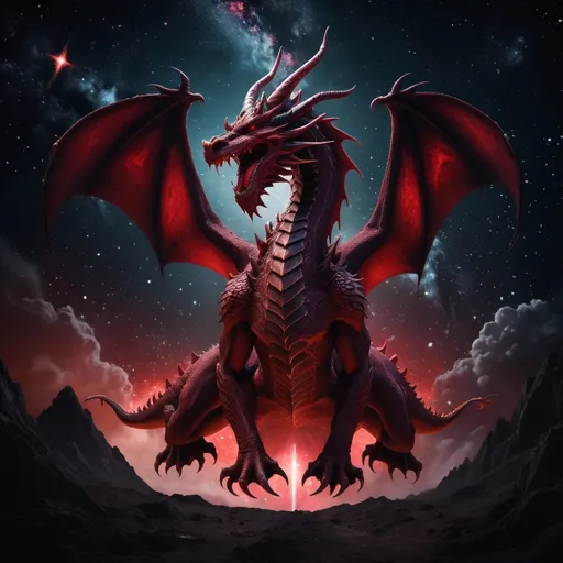 Prompt: (enormous red dragon with seven heads and ten horns, and seven crowns on its heads), surrealism style, dark color scheme, its (tail knocking stars out of the sky), stars falling to earth, dark and sinister atmosphere, deep shadows, muted reds and blacks, cosmic background with swirling galaxies, shimmering fallen stars, highly detailed, ultra-detailed, 4K, intricate textures, dramatic lighting and highlights