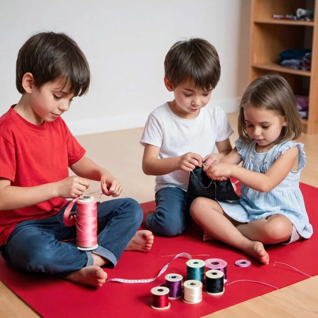 Prompt: create brother and sister and sister sit on a red mat and boy taking sewing. 