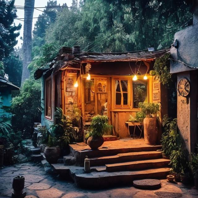 Prompt: A small wooden house in a forest surrounded by pines trees and chunks and a lamp outside the house windows in shape of circle and small plant and flower in pots  an small vintage van of blue colour outside the house every thing in cartoonish