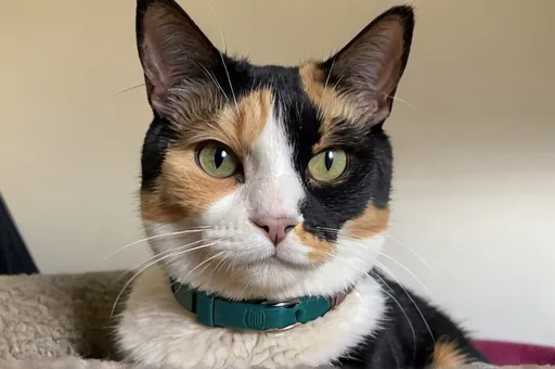 Prompt: Female Calico wearing a teal collar