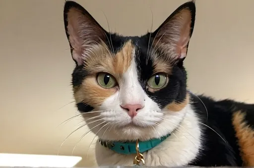 Prompt: Female Calico wearing a teal collar