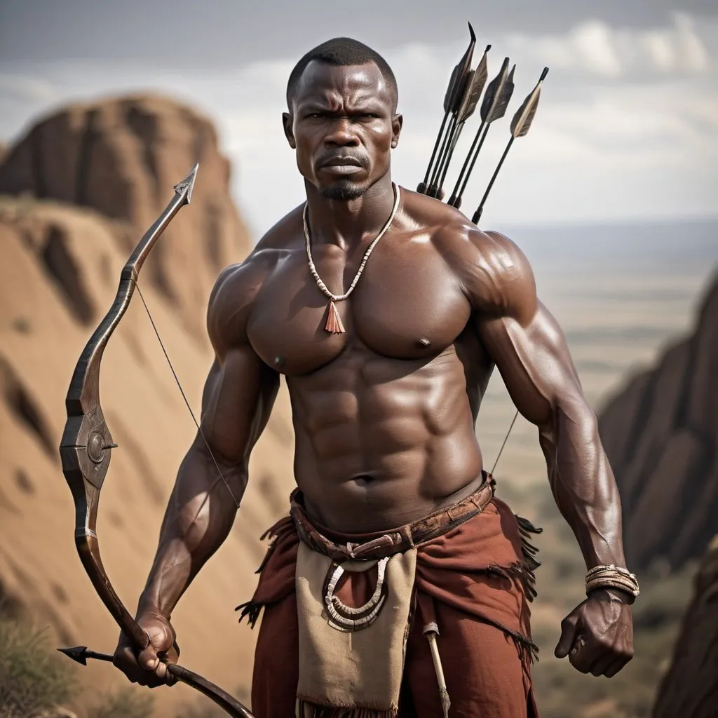 Prompt: African muscular man on hill, powerful stance, intense expression, traditional tribal attire, raised fist, bow and arrow, rugged terrain, strong and bold, high quality, detailed muscles, outdoor setting, dramatic lighting, traditional, powerful, intense, focused, strong jawline, detailed features, rugged, fierce