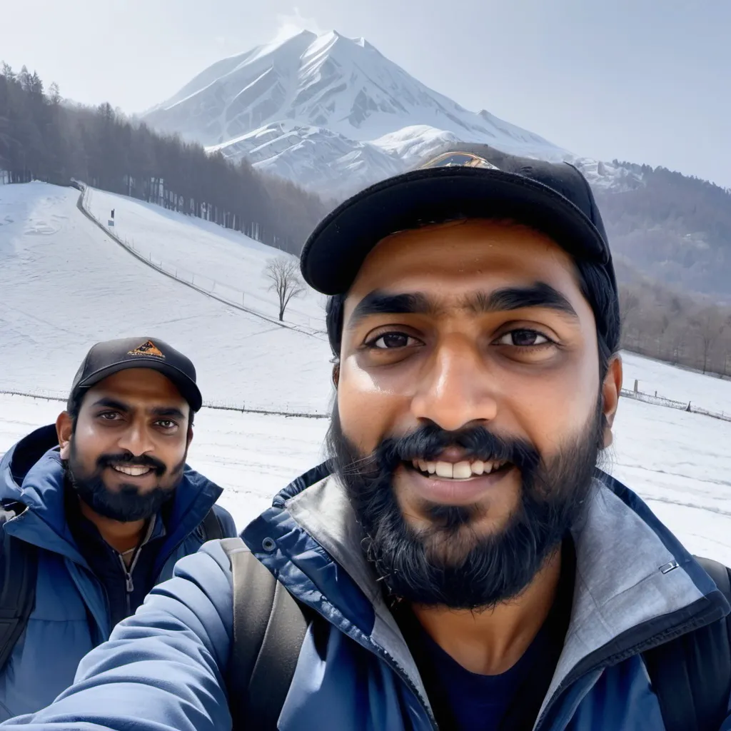 Prompt: a man with a beard and a hat on taking a selfie in the snow with a mountain in the background, Ella Guru, samikshavad, jayison devadas, a picture