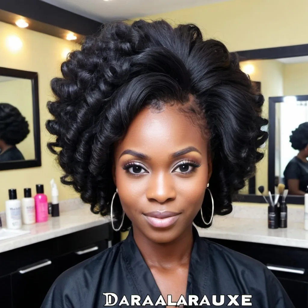 Prompt: Create an image of me as  black lady Nigerian hairdresser working in Salon with name of salon Daraluxe. Make the picture wide with the name inscription Daralauxe 