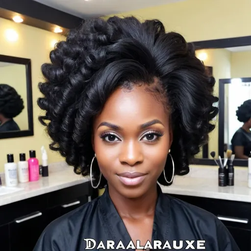 Prompt: Create an image of me as  black lady Nigerian hairdresser working in Salon with name of salon Daraluxe. Make the picture wide with the name inscription Daralauxe 