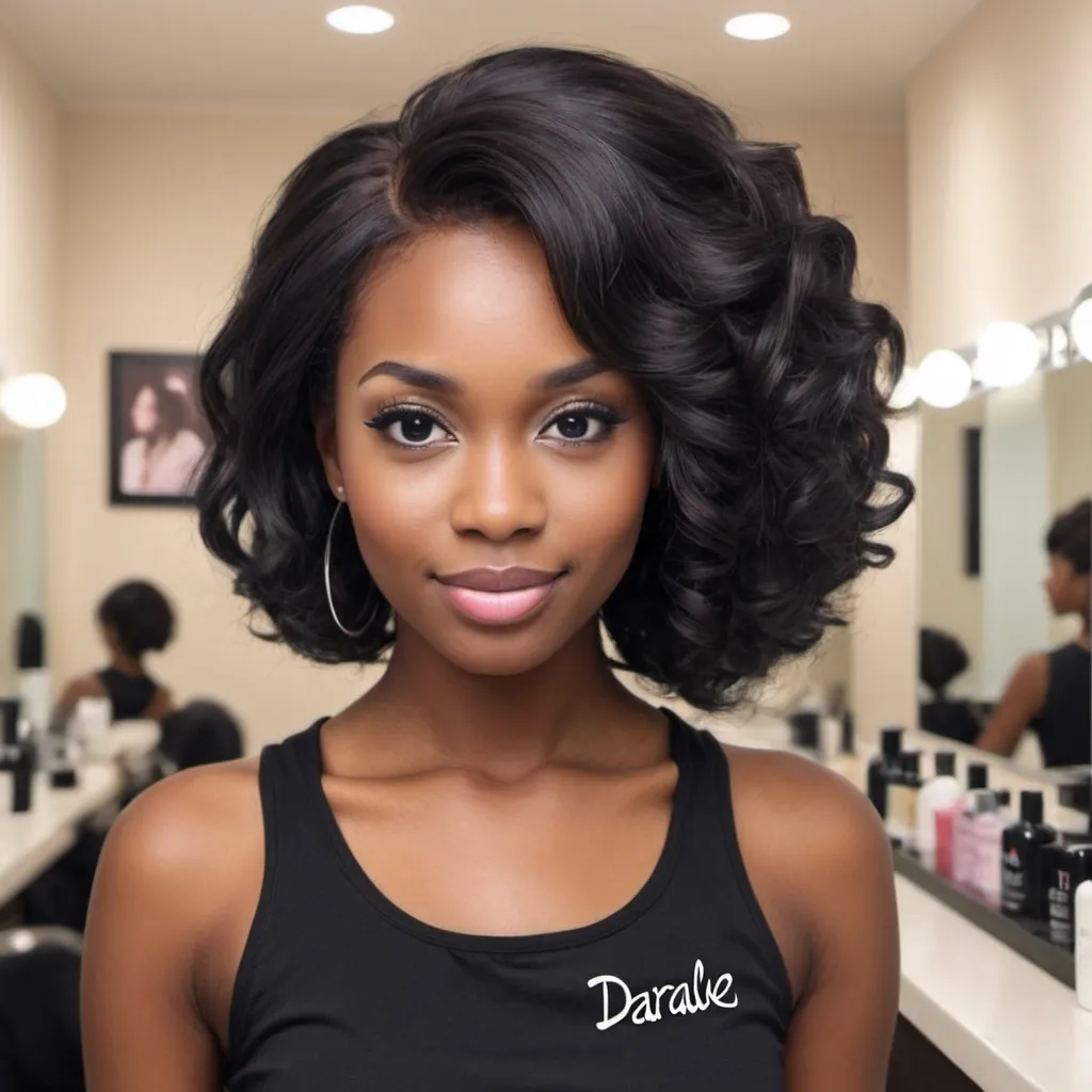 Prompt: AI create a picture of me as a female hairdresser with name Daraluxe. Black female lady and name Daraluxe 