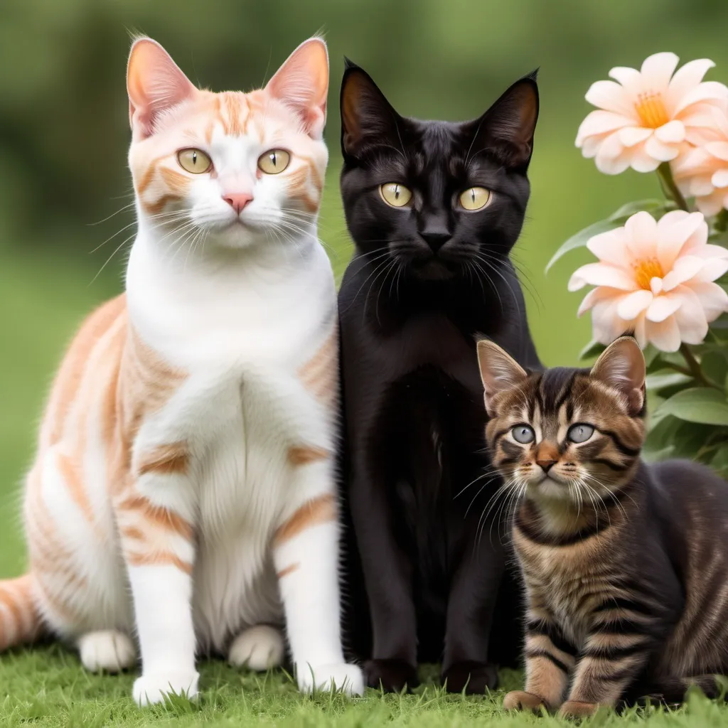 Prompt: A black bombay cat sitting with a peach colored tabby cat with a brown tabby kitten who was a white belly and white lower half of face and white feet and they are all in a flower feild