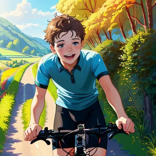 Prompt: Boy riding bicycle on beautiful road, sunny countryside setting, detailed face with joyful expression, warm and vibrant colors, realistic digital art, high quality, sunny, vibrant, countryside, detailed face, joyful expression, bicycle, detailed, realistic