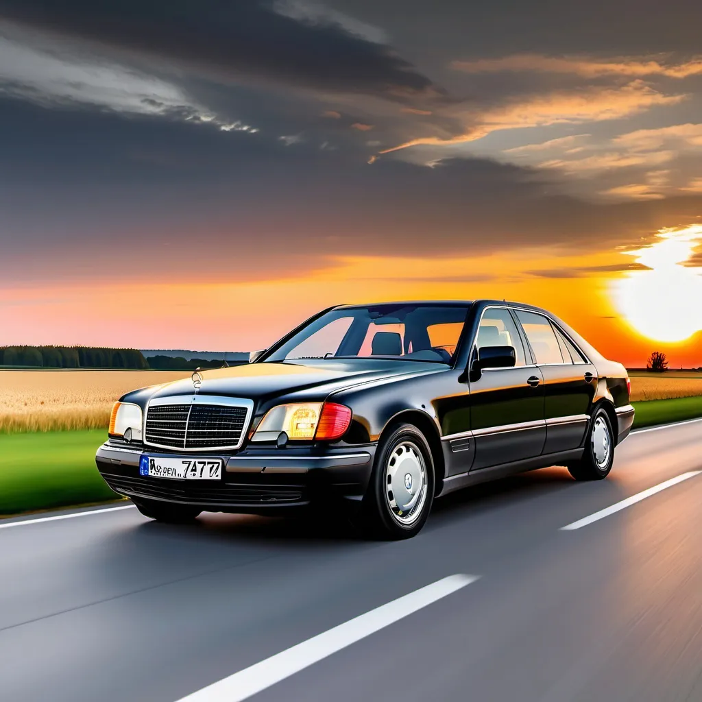 Prompt: Mercedes w140 Black in toner with Russian license plates B777OR777 Driving through Germany at sunset