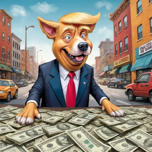 Prompt: Draw a dog begging for money and replace the dogs head with Donald trumps face.