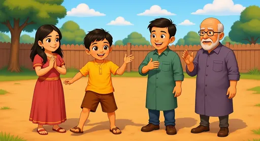 Prompt: Use the attached Arjun face image as the main character reference.
Arjun is standing in an empty backyard with Amma, Appa, and Grandpa Ravi. Arjun’s face, hairstyle, skin tone, and expressions must closely match the reference image. Amma smiles warmly beside him, Appa points thoughtfully at the ground, and Grandpa Ravi looks wise and excited. The backyard has bare soil and a simple fence. The family is discussing ideas together. Bright colorful 3D kids animation, soft lighting, friendly proportions, happy family moment, consistent kids animation style
