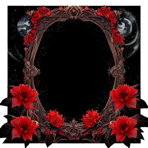 Prompt: Black cosmic background, red flowers, fantasy, border