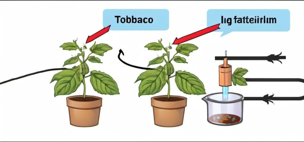 Prompt: An illustration of an experiment where a virus is injected into a tobacco plant using Agrobacterium transformation. Show the virus being injected into the tobacco leaves and a fungus placed on the tobacco plant to observe if the virus transfers from the tobacco to the fungus. The scene should be detailed and scientific