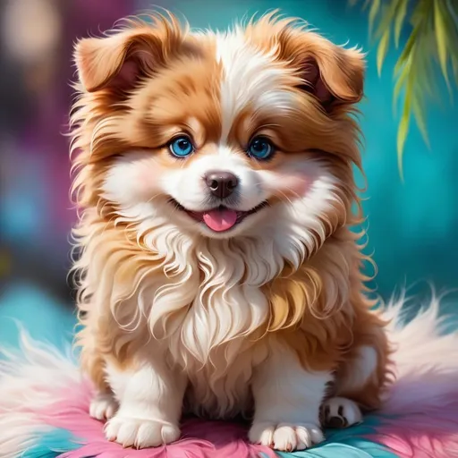 Prompt: Cute, little puppy, realistic painting, fluffy fur, adorable eyes, vibrant colors, high quality, detailed, realistic, painting, cute, fluffy, vibrant colors, realistic fur, adorable eyes, high quality