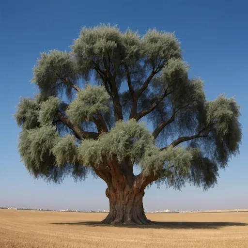 Prompt: An image of a large tree, with its trunk shaped as Israel. The tree stands in an open field with a blue sky in the background.