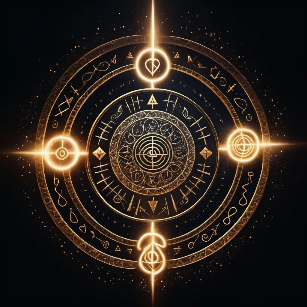 Prompt: Mystical symbols: Esoteric symbols or runes floating in the air on a dark background, radiating light and energy.