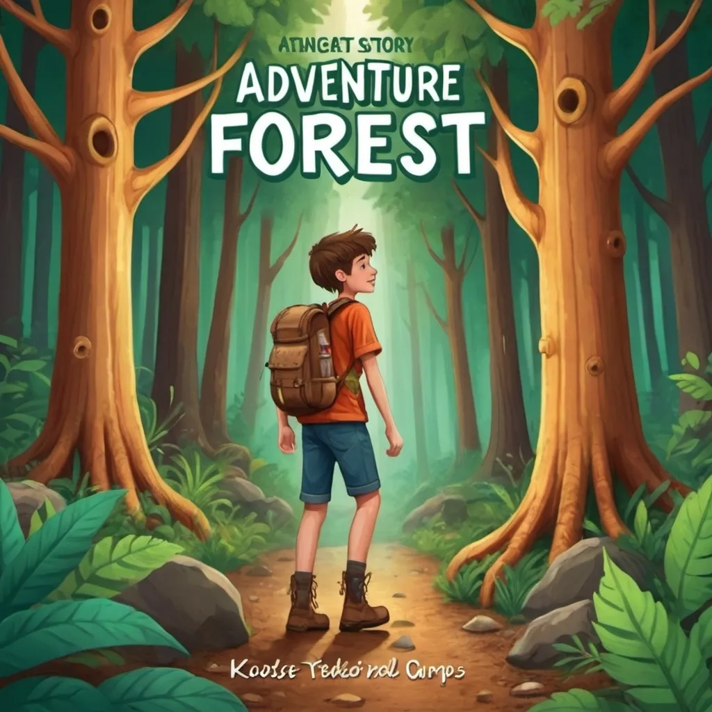 Prompt: a teens story book cover about adventure forest to find treasure less illustrated 