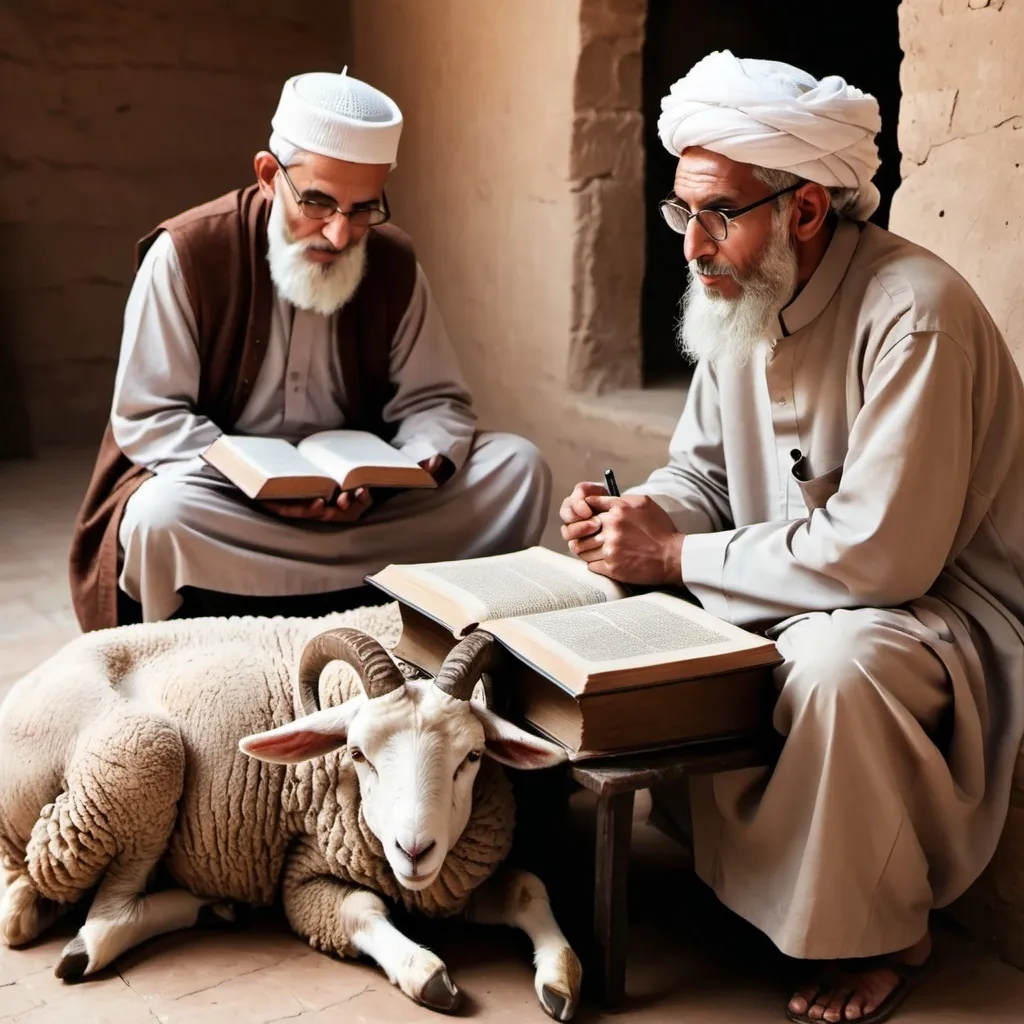 Prompt: Exhauseted islamic scientist Elder man sitting on desk with an old lamb studying ancient books in 9th century and wear jubbah with a cofee beside him and his student are sitting around him