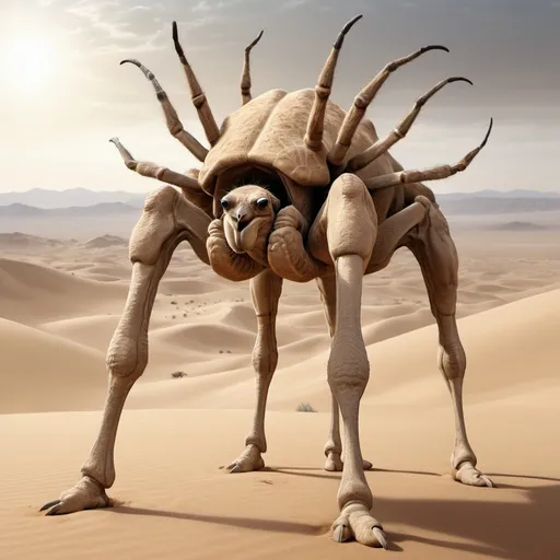 Prompt: Spider-camel hybrid, realistic digital illustration, sandy desert setting, intricate web patterns on the camel's hump, arachnid-like features, camel body with spider legs, eerie and surreal, high resolution, realistic, desert landscape, detailed eyes, arachnid-camel fusion, professional, natural lighting, realistic digital art, hybrid creature, animal anatomy, sandy tones