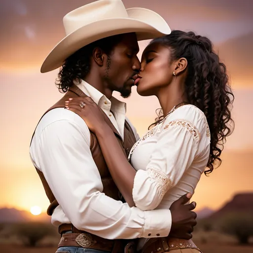 Prompt: Handsome white cowboy, pretty dark skinned african woman, romantic, kissing, embracing, sunset, western attire, shoulder length curly hair, detailed features, highres, romantic, western style, warm tones, atmospheric lighting, romantic embrace, detailed clothing, western background, professional