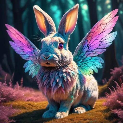 Prompt: Fly bunny hybrid, vibrant colors, fantasy digital art, detailed fur with iridescent highlights, whimsical and playful, magical wings, surreal landscape, high quality, fantasy, vibrant tones, detailed fur, whimsical, magical wings, surreal, digital art, iridescent highlights, playful, atmospheric lighting
