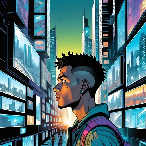 Prompt: Illustration of a young black man's face on a big screen on a big building on the center and diverse ethnicity crowd looking at the screens on buildings, crowd in the foreground, vibrant and detailed dystopic atmosphere, diverse ages, faces in screens buildings, dynamic Bd comics style, crowd's intense gaze, futuristic urban setting, diverse ethnicity, intense lighting, professional, detailed, vibrant, futuristic, dystopic, dynamic Bd comics, diverse crowd, urban setting