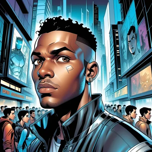 Prompt: Illustration of a young black man face in a big screen on a big building,diverse ethnicity crowd looking at the screen, crowd diverse ages,diverse crowd, vibrant and detailed dystopic atmosphere, diverse ages, people on screens buildings, dynamic Bd comics style, crowd's intense gaze, futuristic urban setting, intense lighting, professional, detailed, vibrant, futuristic, dystopic, dynamic Bd comics, diverse crowd, urban setting