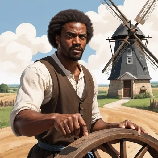 Prompt: Illustration of a Black man pointing a weapon on a wooden wheel, windmill in the background 