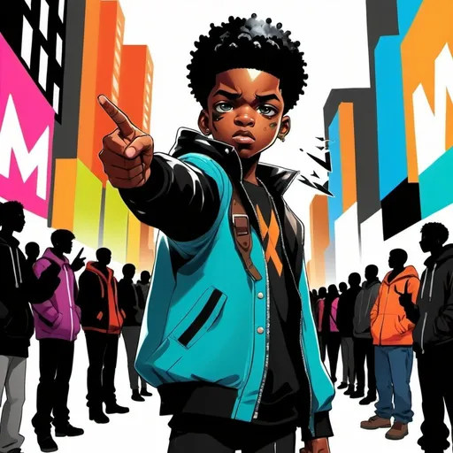 Prompt: High-quality illustration of a stylish black kid with a bomb giving arrow to a crowd , m urban setting with vibrant colors, detailed facial features, anime style, explosive jacket,  urban setting, vibrant colors, detailed facial features, highres, ultra-detailed, anime, vibrant, stylish, detailed facial features, urban setting